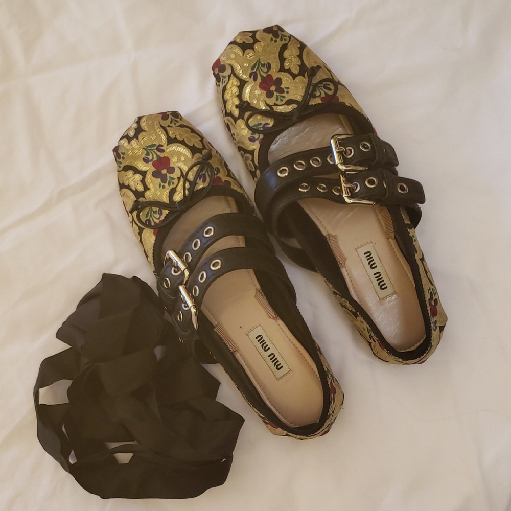 Miu Miu Black and Gold Floral Flats